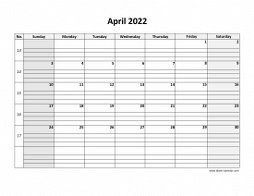 Printable April 2022 Calendar, large box grid, space for notes (horizontal)