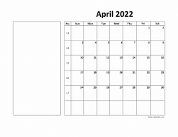 April 2022 printable calendar, large box, space for notes