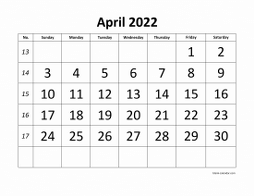 Printable April 2022 Calendar, large font design , holidays on red (horizontal)