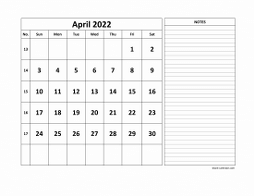 Printable April 2022 Calendar, large space for appointment and notes (horizontal)
