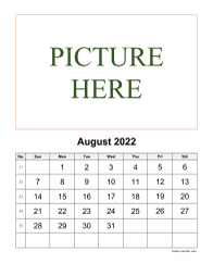 August 2022 printable calendar, pictures can be placed at the top