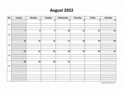 August 2022 printable calendar, large box grid, space for notes