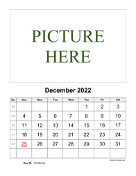 Printable December 2022 Calendar, pictures can be placed at the top