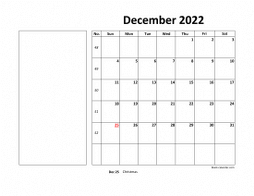 Printable December 2022 Calendar, large box, Federal Holidays listed, space for notes (horizontal)