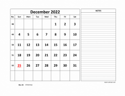 Printable December 2022 Calendar, large space for appointment and notes (horizontal)