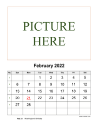 Printable February 2022 Calendar, pictures can be placed at the top (vertical)
