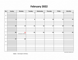 Printable February 2022 Calendar, large box grid, space for notes (horizontal)