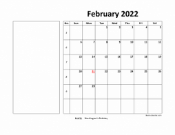 Printable February 2022 Calendar, large box, Federal Holidays listed, space for notes (horizontal)
