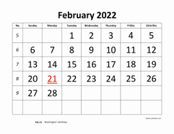 Printable February 2022 Calendar, large font design , holidays on red (horizontal)
