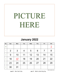 Printable January 2022 Calendar, pictures can be placed at the top