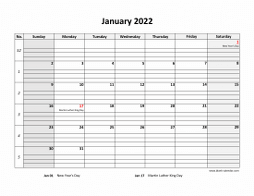 Printable January 2022 Calendar, large box grid, space for notes (horizontal)