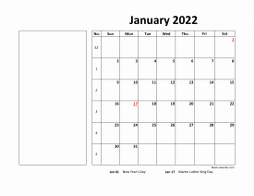Printable January 2022 Calendar, large box, Federal Holidays listed, space for notes (horizontal)