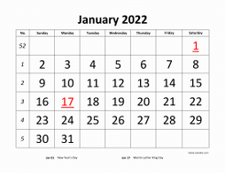 Printable January 2022 Calendar, large font design , holidays on red (horizontal)