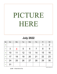 July 2022 printable calendar, pictures can be placed at the top