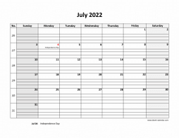 July 2022 printable calendar, large box grid, space for notes
