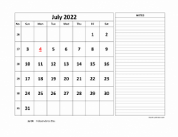 July 2022 printable calendar, large space for appointment and notes