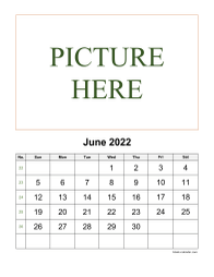 Printable June 2022 Calendar, pictures can be placed at the top
