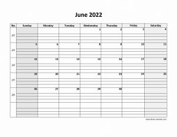 Printable June 2022 Calendar, large box grid, space for notes (horizontal)