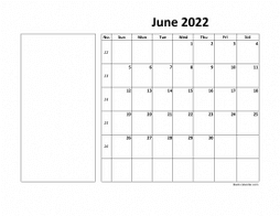 Printable June 2022 Calendar, large box, Federal Holidays listed, space for notes (horizontal)
