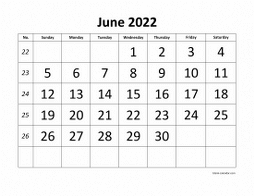 Printable June 2022 Calendar, large font design , holidays on red (horizontal)