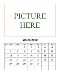 Printable March 2022 Calendar, pictures can be placed at the top