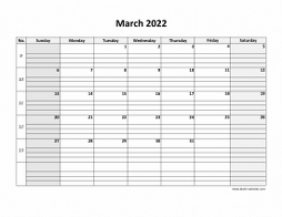 Printable March 2022 Calendar, large box grid, space for notes (horizontal)