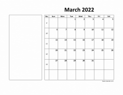 Printable March 2022 Calendar, large box, Federal Holidays listed, space for notes (horizontal)