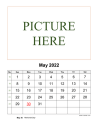 Printable May 2022 Calendar, pictures can be placed at the top