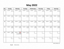 Printable May 2022 Calendar with check boxes (horizontal)