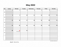 Printable May 2022 Calendar, large box grid, space for notes (horizontal)