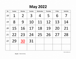 Printable May 2022 Calendar, large font design , holidays on red (horizontal)