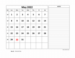 Printable May 2022 Calendar, large space for appointment and notes (horizontal)