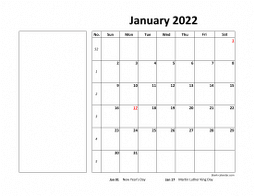 Printable Calendar 2022, large box, Federal Holidays listed, space for notes (12 pages, horizontal)