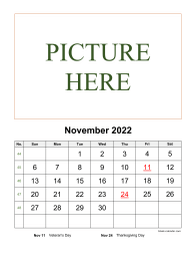 Printable November 2022 Calendar, pictures can be placed at the top (vertical)