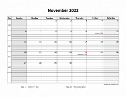 Printable November 2022 Calendar, large box grid, space for notes (horizontal)