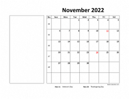 Printable November 2022 Calendar, large box, Federal Holidays listed, space for notes (horizontal)