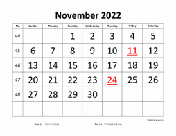 Printable November 2022 Calendar, large font design , holidays on red (horizontal)
