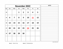 Printable November 2022 Calendar, large space for appointment and notes (horizontal)