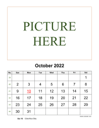 Printable October 2022 Calendar, pictures can be placed at the top