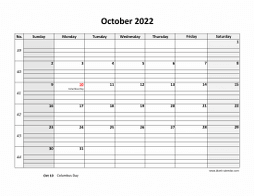 Printable October 2022 Calendar, large box grid, space for notes (horizontal)