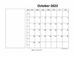 Printable October 2022 Calendar, large box, Federal Holidays listed, space for notes (horizontal)