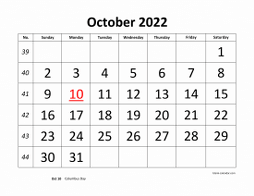 Printable October 2022 Calendar, large font design , holidays on red (horizontal)