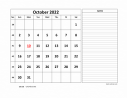 Printable October 2022 Calendar, large space for appointment and notes (horizontal)