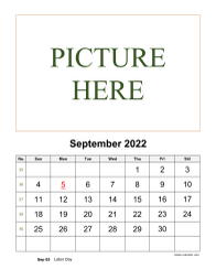 Printable September 2022 Calendar, pictures can be placed at the top
