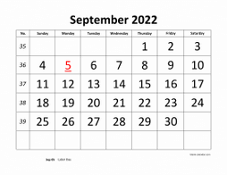 Printable September 2022 Calendar, large font design , holidays on red (horizontal)