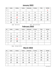 Printable Calendar 2022, 3 months per page, 4 pages (vertical)