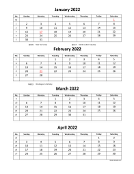 Printable Calendar 2022, 4 months per page, 3 pages (vertical)