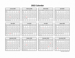 Printable Calendar 2022, Clean Design, Yearly Planner (one page, horizontal)