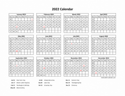 Printable Calendar 2022 with US Federal Holidays (one page, horizontal)
