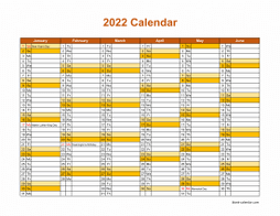 Printable Calendar 2022, month in a column (two pages, half a year per page, horizontal)